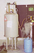 In chemistry laboratories, liquid nitrogen is often stored in large thermos-like containers called "dewars." It boils at minus minus 195.8°C (-321 F) and is used for cooling.