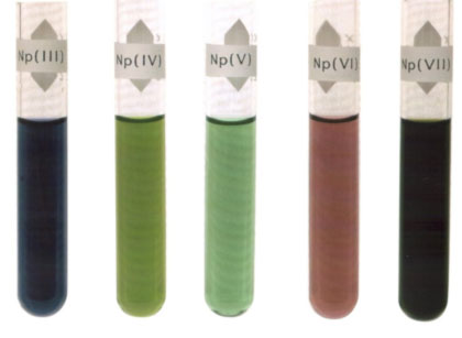 Various oxidation states of neptunium in dilute perchloric acid solution except Np(VII) which is in concentrated carbonate solution (D. E. Hobart and P. D. Palmer, Los Alamos National Laboratory)
