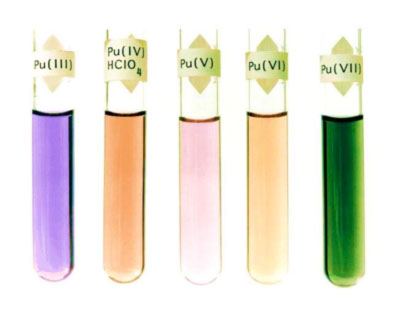 Various oxidation states of plutonium in aqueous solution; all in non-complexing perchloric acid, except Pu(VII) in strong base. (D. E. Hobart and P.D. Palmer, Los Alamos National Lab.)